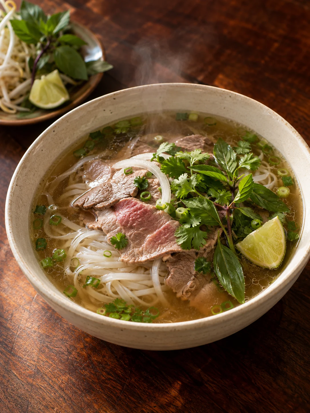 Phở bò mit Rindfleisch, Reisnudeln, frischen Kräutern und Limette