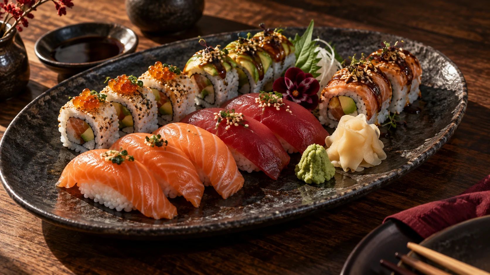 Lachs- und Thunfisch-Nigiri mit Sushi-Rollen auf dunkler Keramik